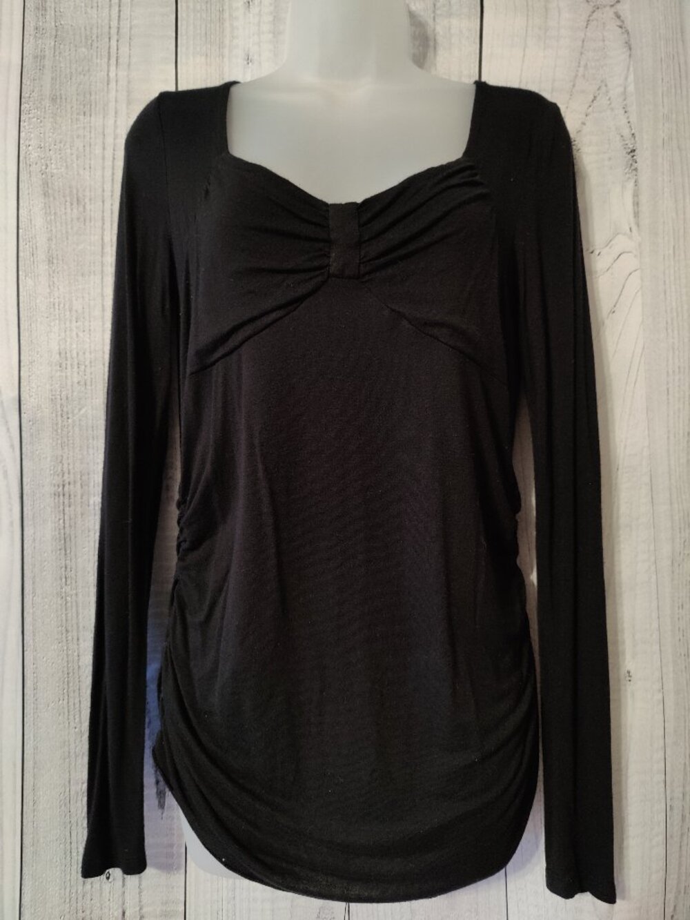 Nine West Jeans Black Long Sleeve Top with Ruched Bow Detail